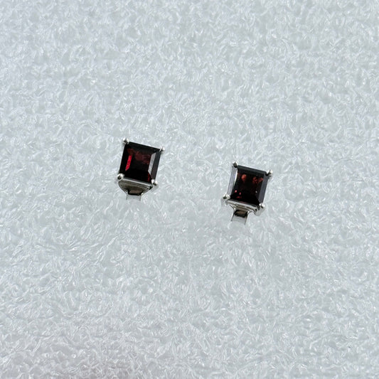Sterling Silver Square Garnet Post Earrings Size 2