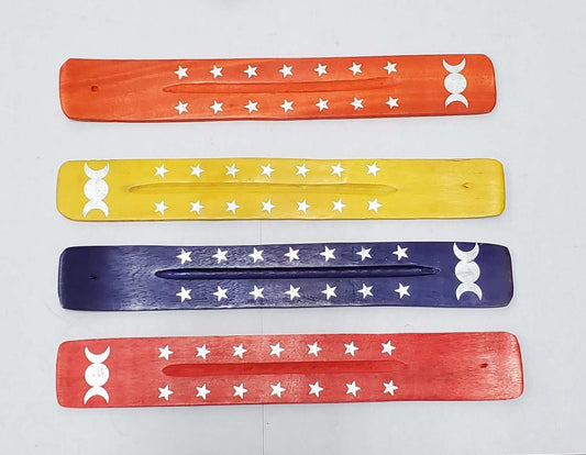 Triple Moon Painted Wood Incense Burner 10"L