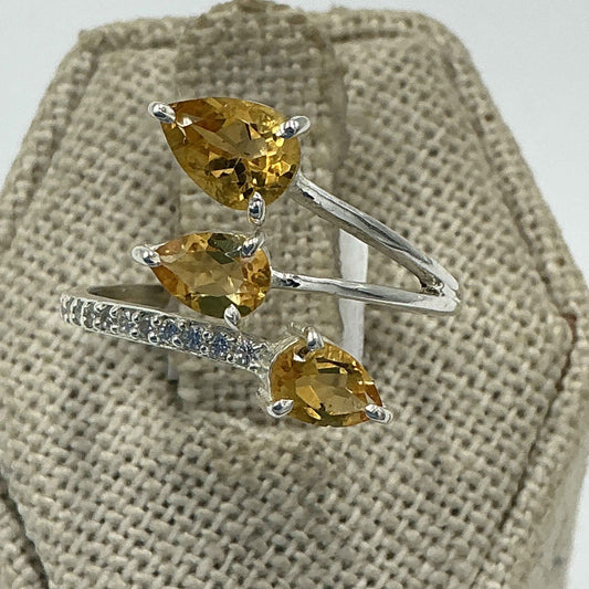 Sterling Silver Pear Citrine Open Wrap Ring – Size 9 – Abundance, Joy & Self-Expression