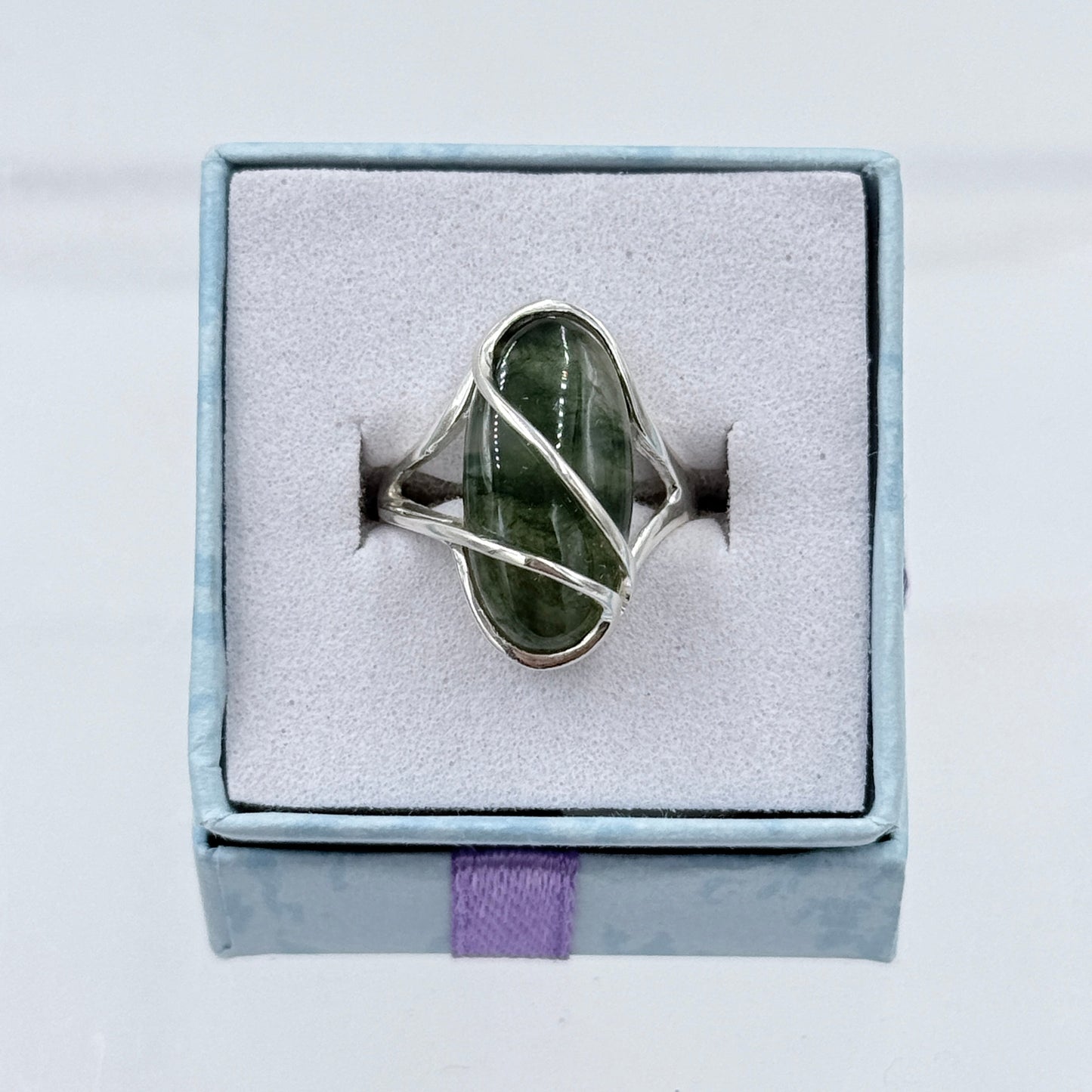 Sterling Silver Flowy Wrapped Moss Agate Ring - Size 6 - Grounding, Nurturing & Growth