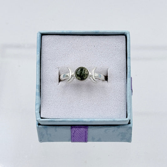 Sterling Silver Double Moon Moss Agate Ring - Size 6 - Grounding, Nurturing & Growth