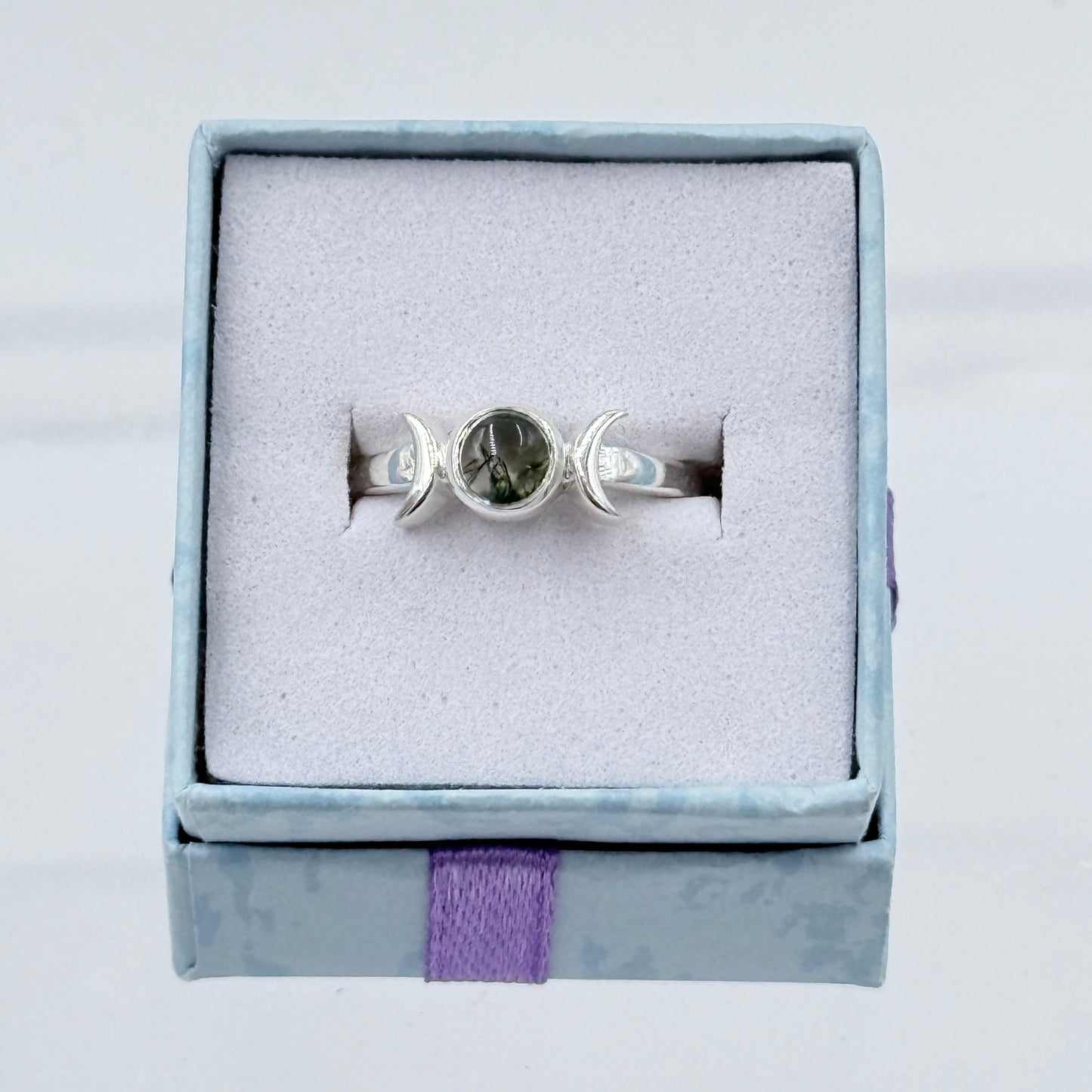 Sterling Silver Double Moon Moss Agate Ring - Size 7 - Grounding, Nurturing & Growth