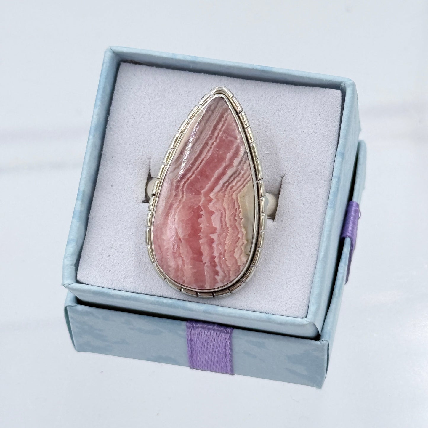 Sterling Silver Lined Teardrop Rhodochrosite Ring - Size 10 - Loving, Compassionate & Healing