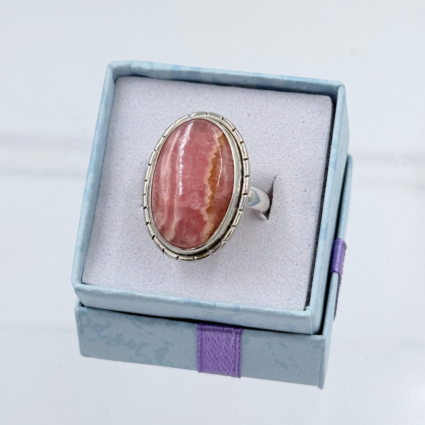 Sterling Silver Lined Oval Rhodochrosite Ring - Size 6 - Loving, Compassionate & Healing