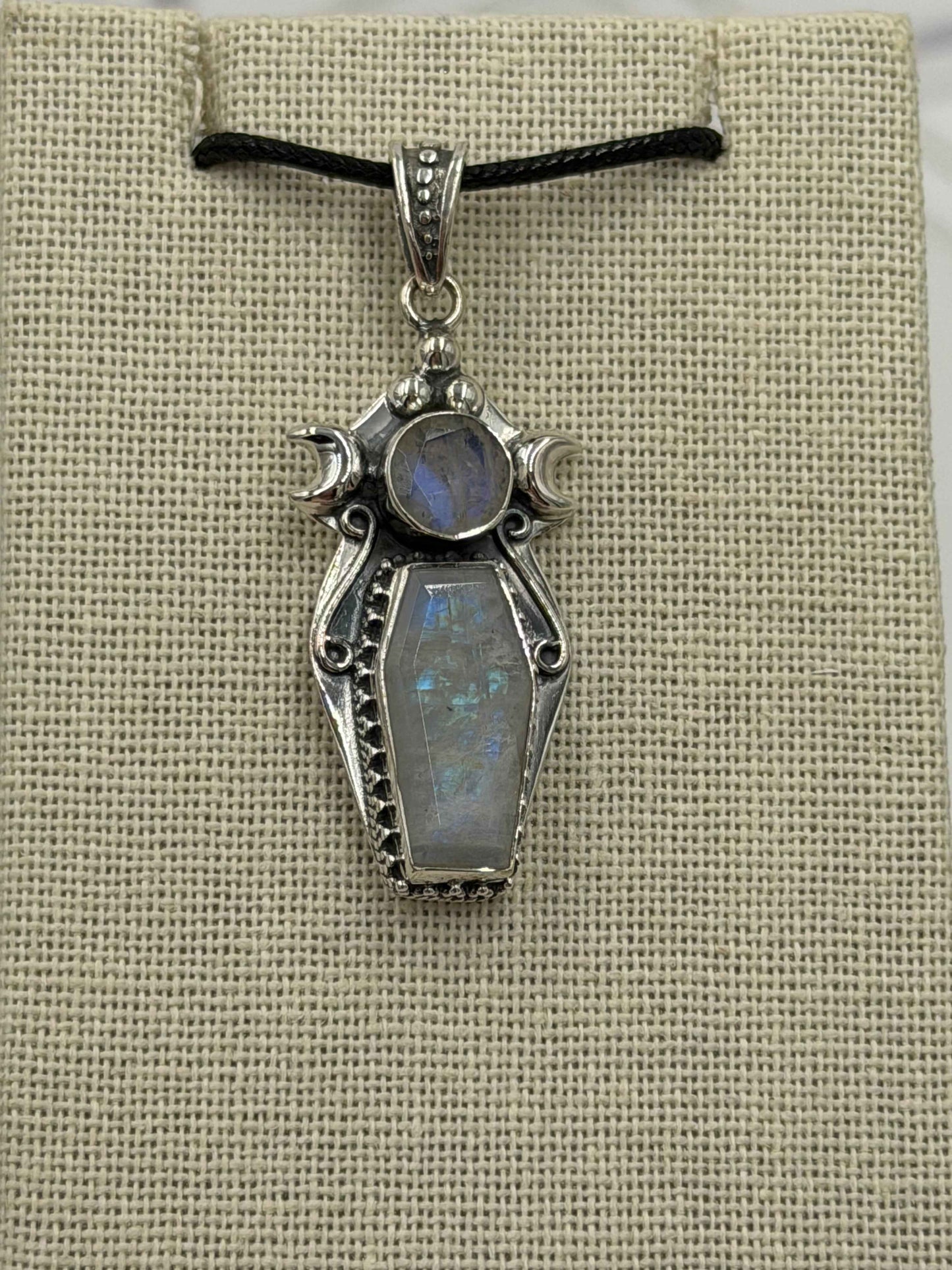 Sterling Silver Triple Moon Coffin Rainbow Moonstone Pendant