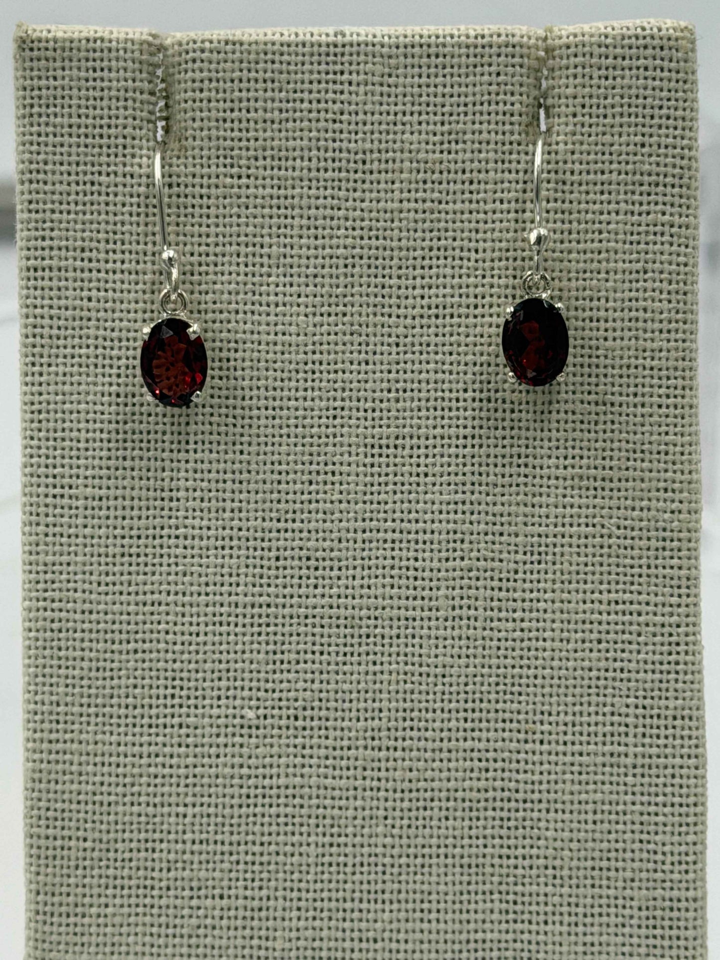 Sterling Silver Oval Garnet Dangle Earrings Size 2