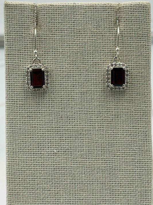 Sterling Silver Sparkled Rectangular Garnet Dangle Earrings