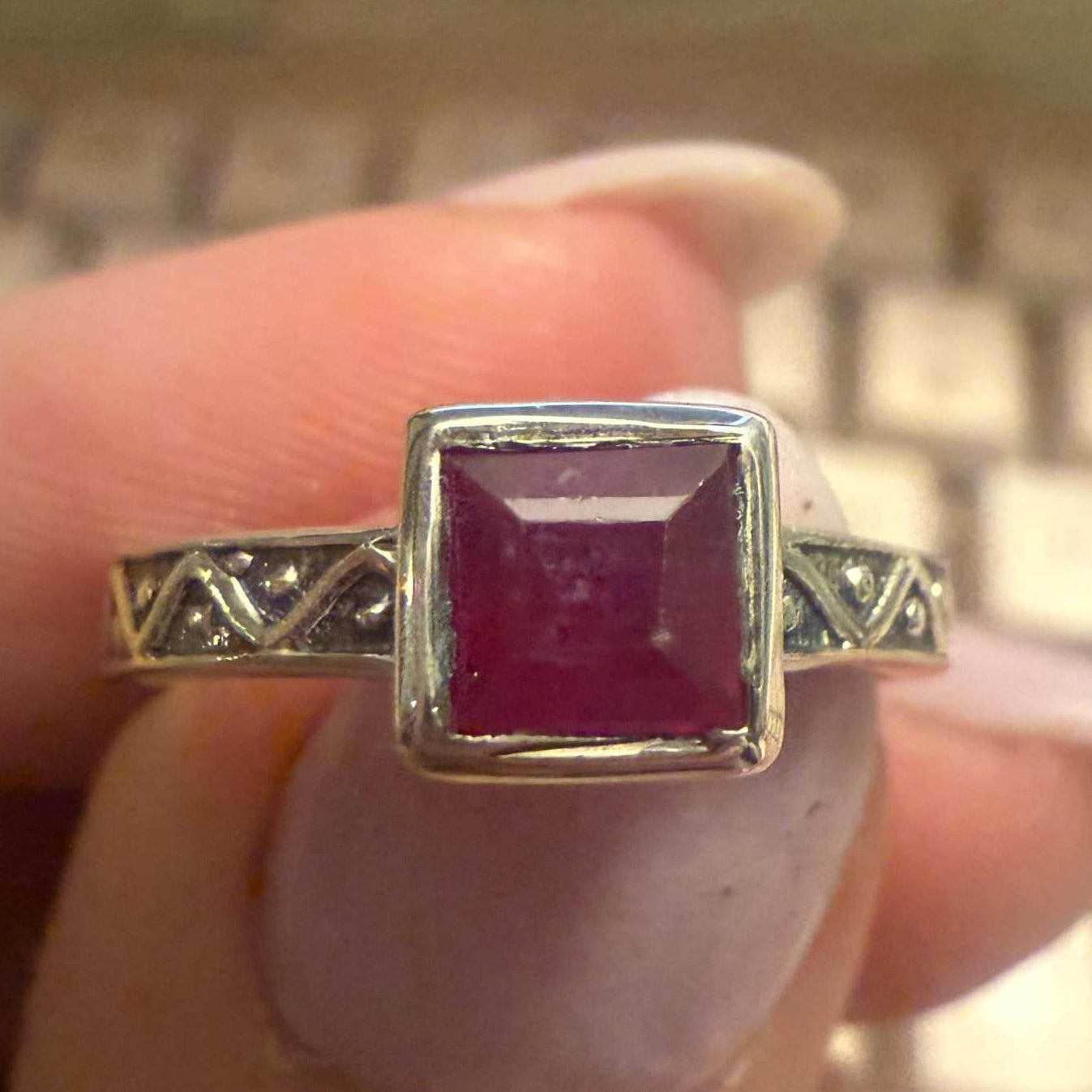 Ruby Square Ring – Sterling Silver with Engraved Band (Size 5)