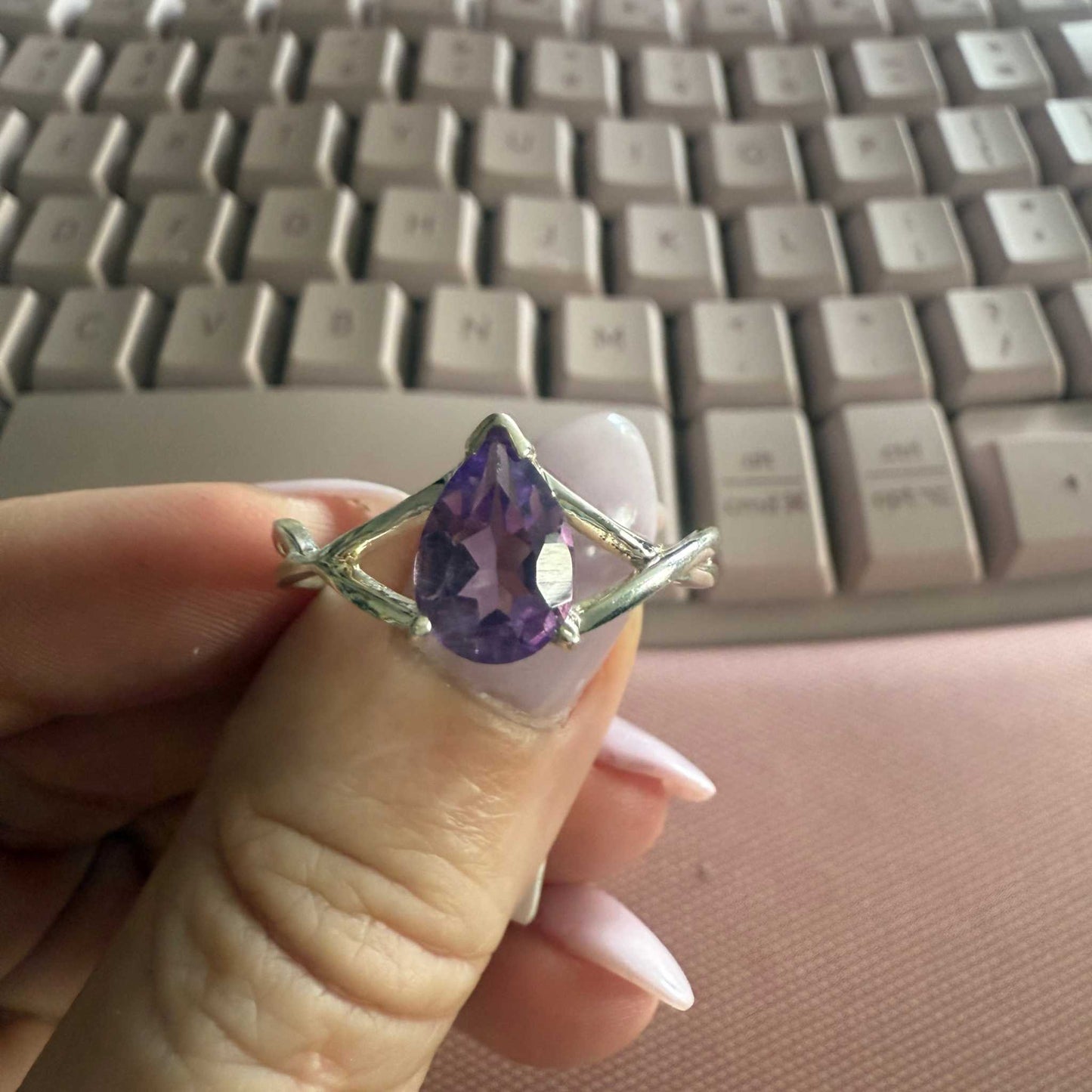 Pear-Cut Amethyst Sterling Silver Ring with Branch-Style Band – Size 14