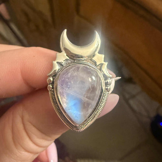 Crescent Moon Rainbow Moonstone Sterling Silver Ring – Size 7
