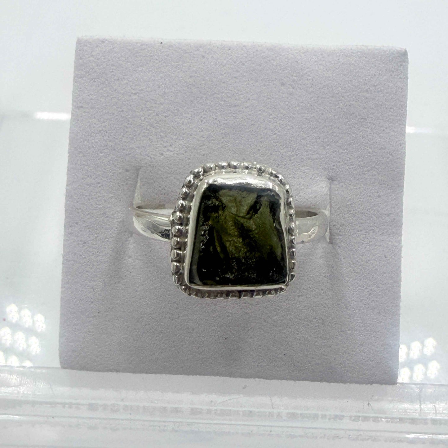 Sterling Silver Bezeled Moldavite Ring - Size 8 - Transformation, Growth & Awakening
