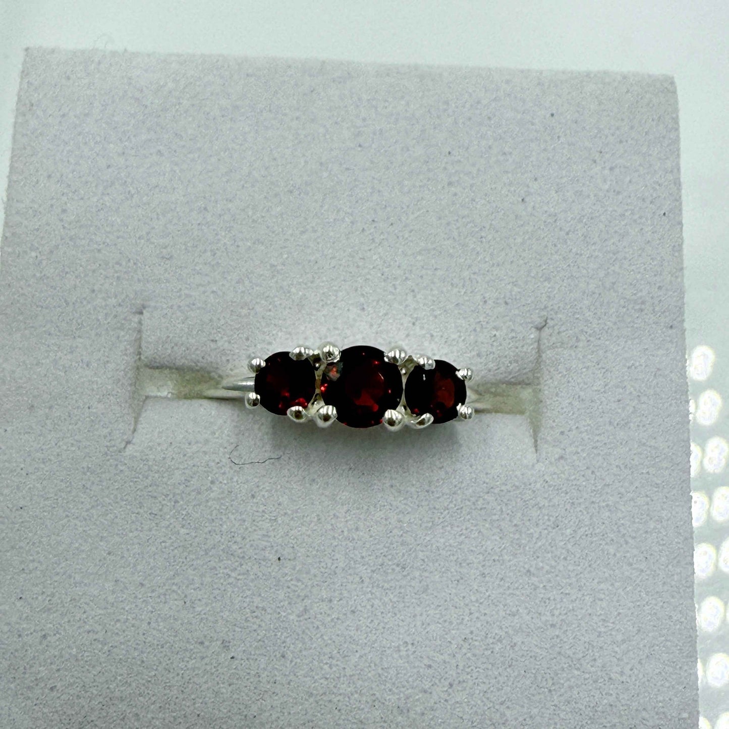 Sterling Silver Three-Stone Garnet Ring – Size 7 – Passion, Strength & Grounding