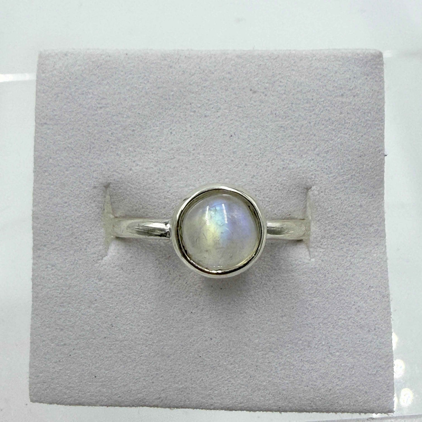 Sterling Silver Rainbow Moonstone Mini Bezel Ring – Size 10 – Intuition, Clarity & New Beginnings