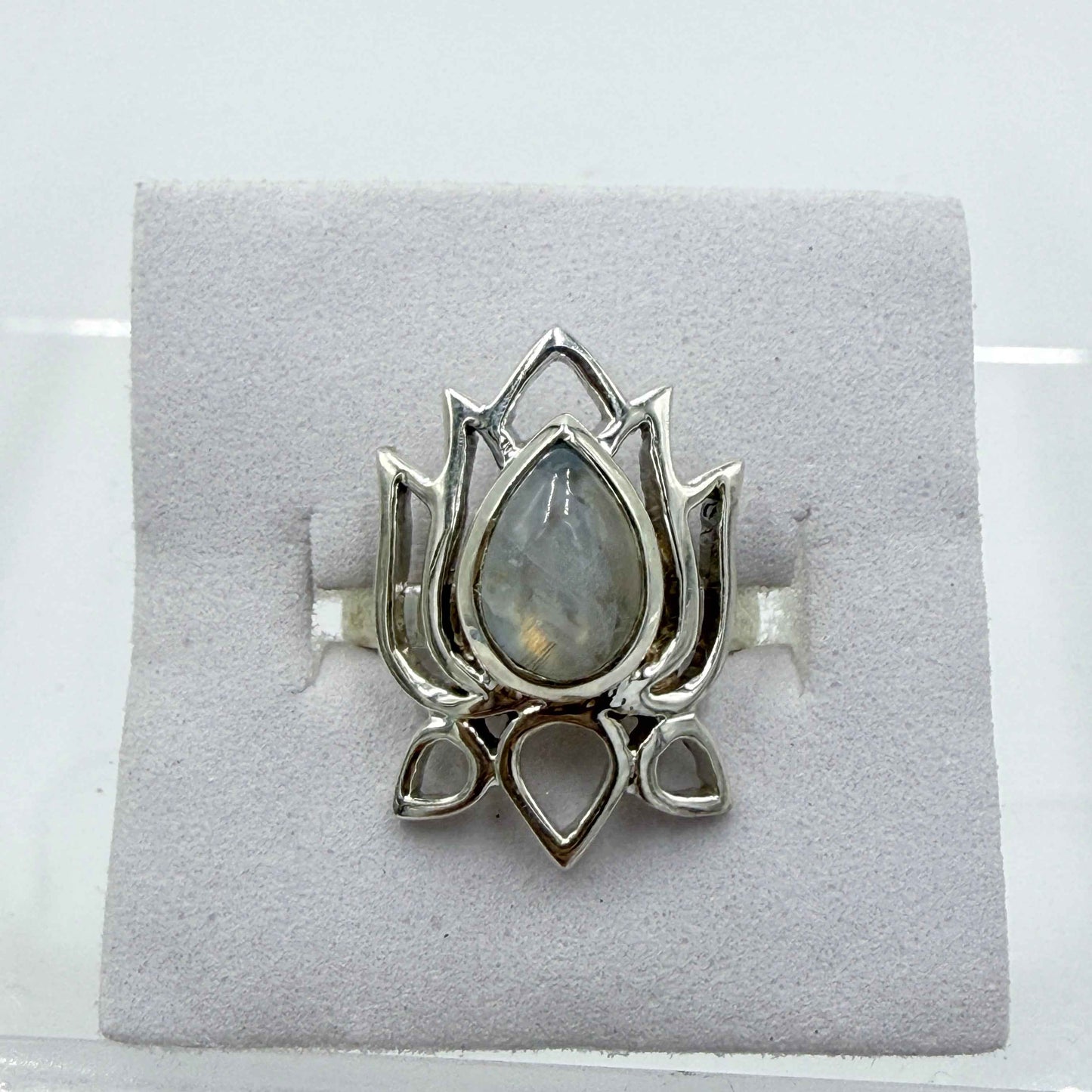 Sterling Silver Rainbow Moonstone Lotus Ring – Size 6 – Intuition, Divine Feminine & New Beginnings