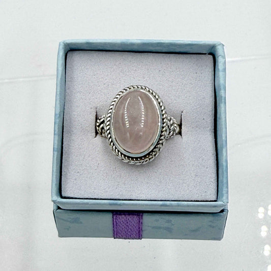 Sterling Silver Rope Banded Oval Rose Quartz - Size 10 - Loving, Soothing & Heart Opening
