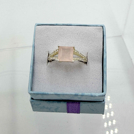 Sterling Silver Split Banded Square Rose Quartz - Size 6 - Loving, Soothing & Heart Opening