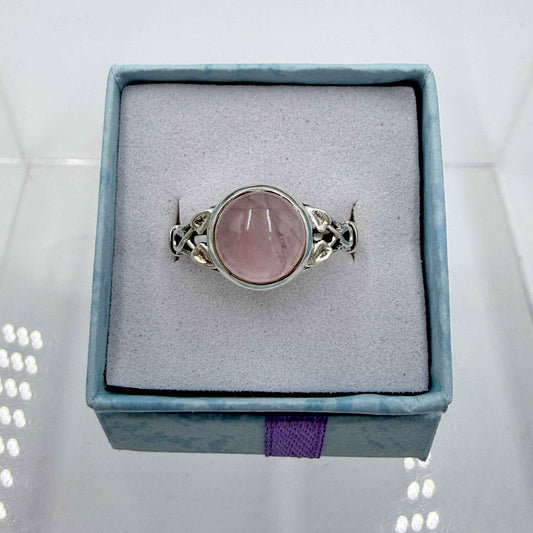 Sterling Silver Leaf Banded Round Rose Quartz - Size 9 - Loving, Soothing & Heart Opening