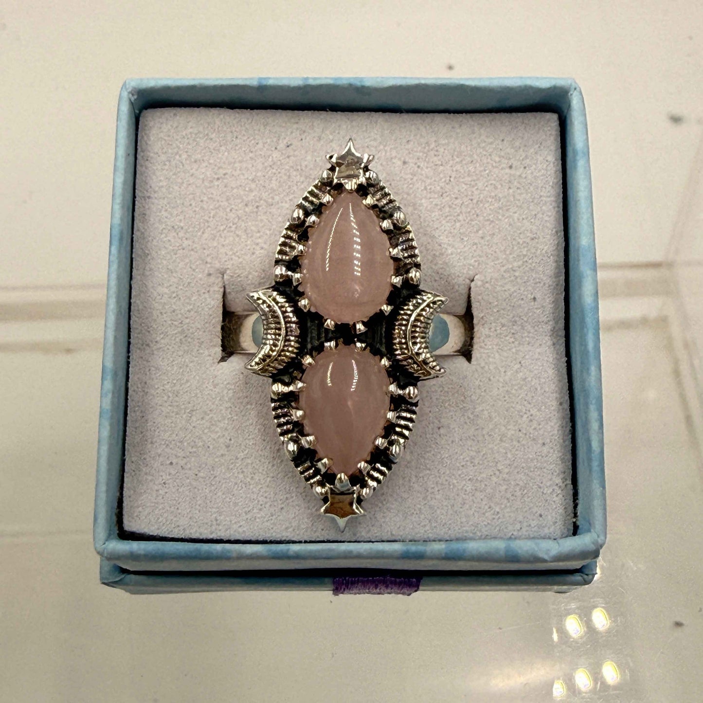 Sterling Silver Double Teardrop Celestial Rose Quartz Ring - Size 10 - Loving, Healing & Gentle