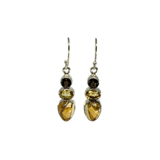Brecciated Mookaite, Citrine, & Smoky Quartz Earrings