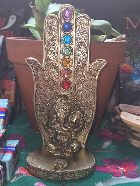 Ganesha Chakra Hand Incense Holder (5”) | Golden Hamsa with 7 Chakra Stones