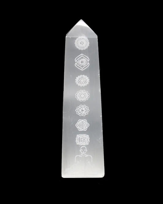 6" Seven Chakras Engraved Selenite Tower