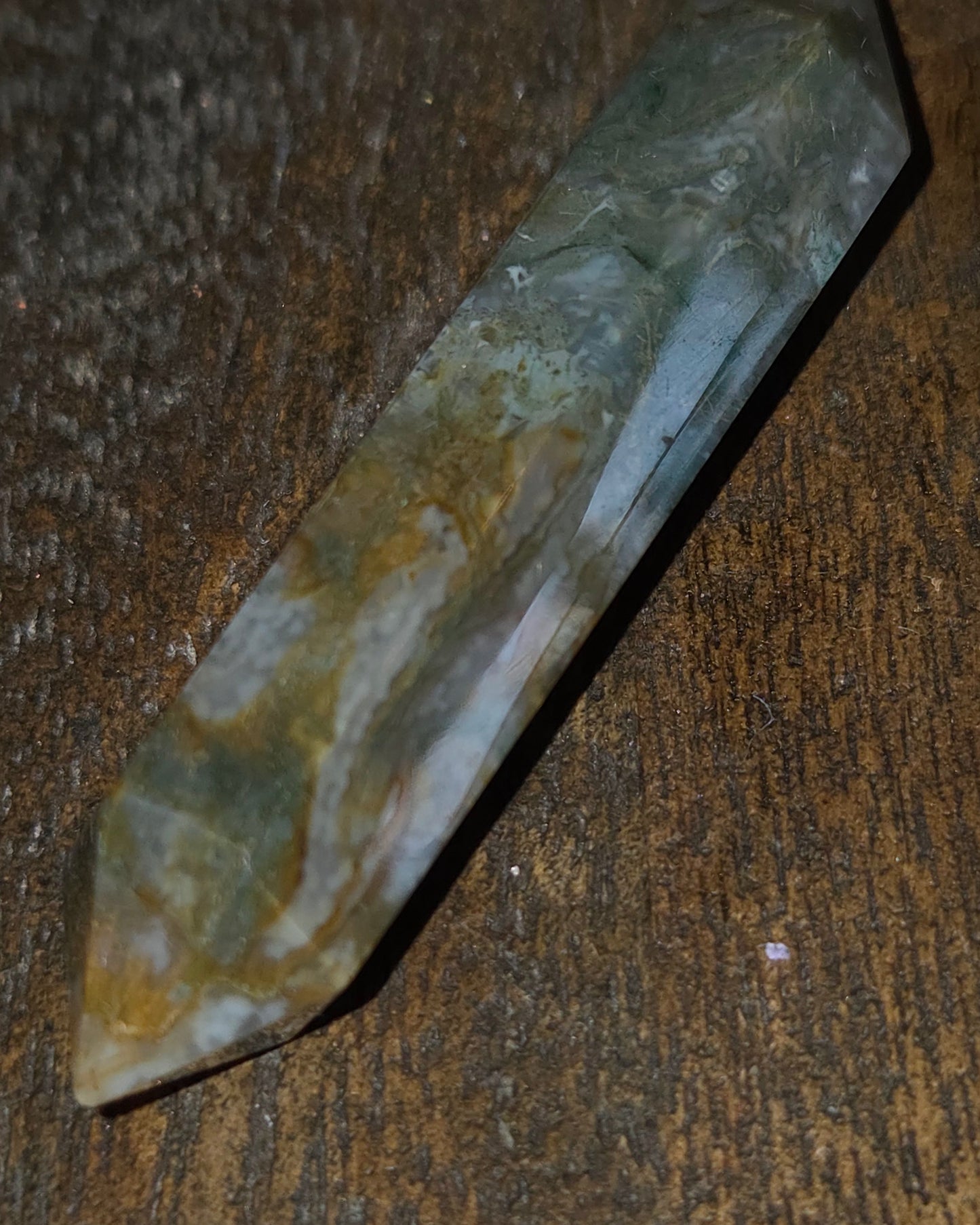 Double-Terminated Moss Agate Wand – Grounding & Heart Healing Crystal