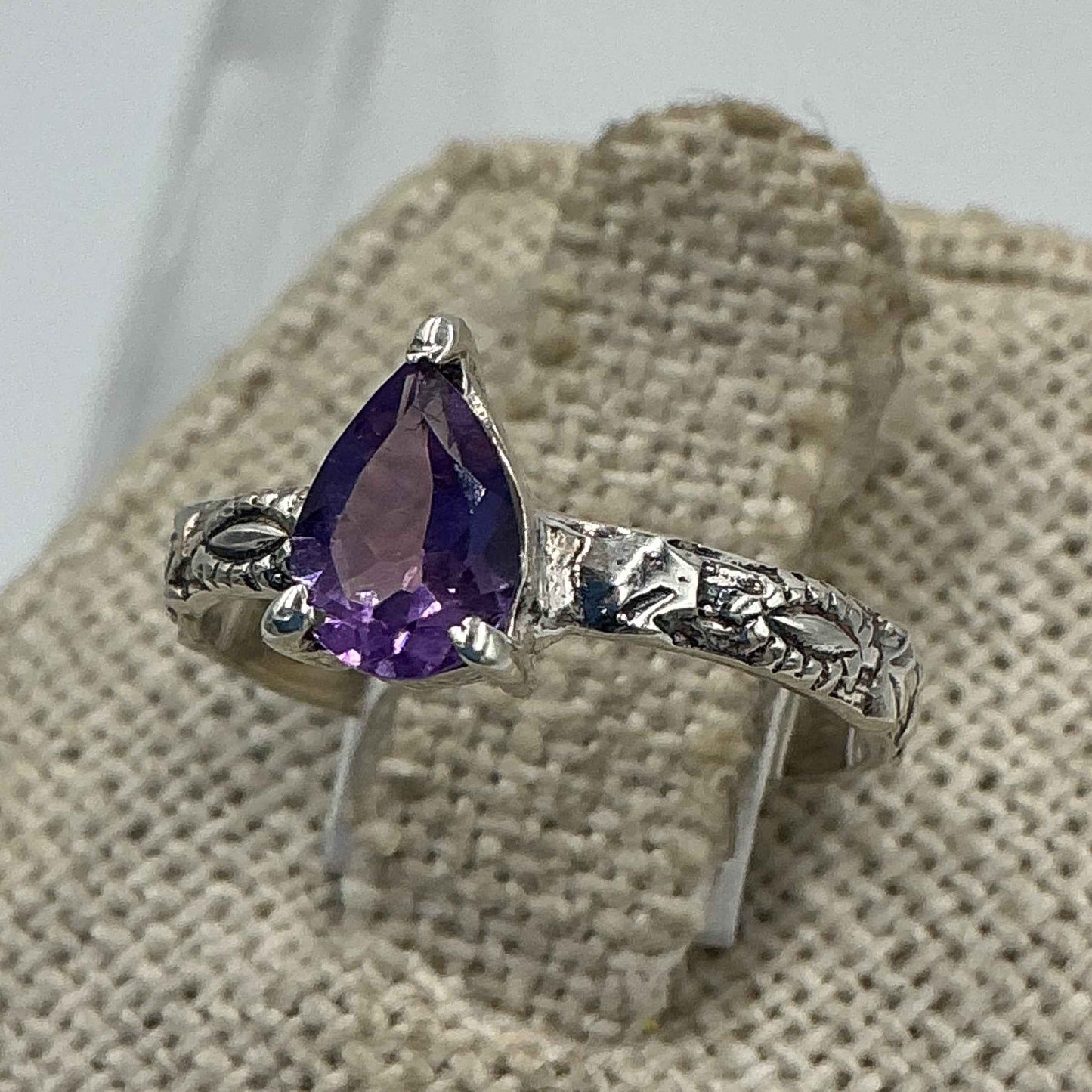 Sterling Silver Antique Banded Teardrop Amethyst Ring – Size 6 – Calm, Intuition & Spiritual Protection