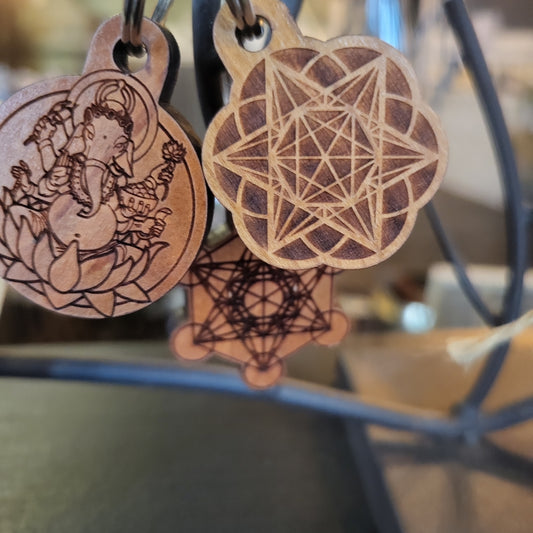 Sacred Geometry Carved Wood Keychains