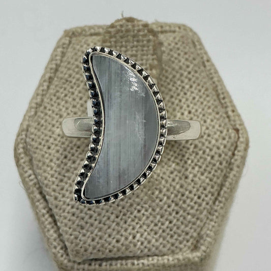 Sterling Silver Rainbow Moonstone Crescent Moon Ring – Size 9 – Intuition, Inner Wisdom & New Beginnings