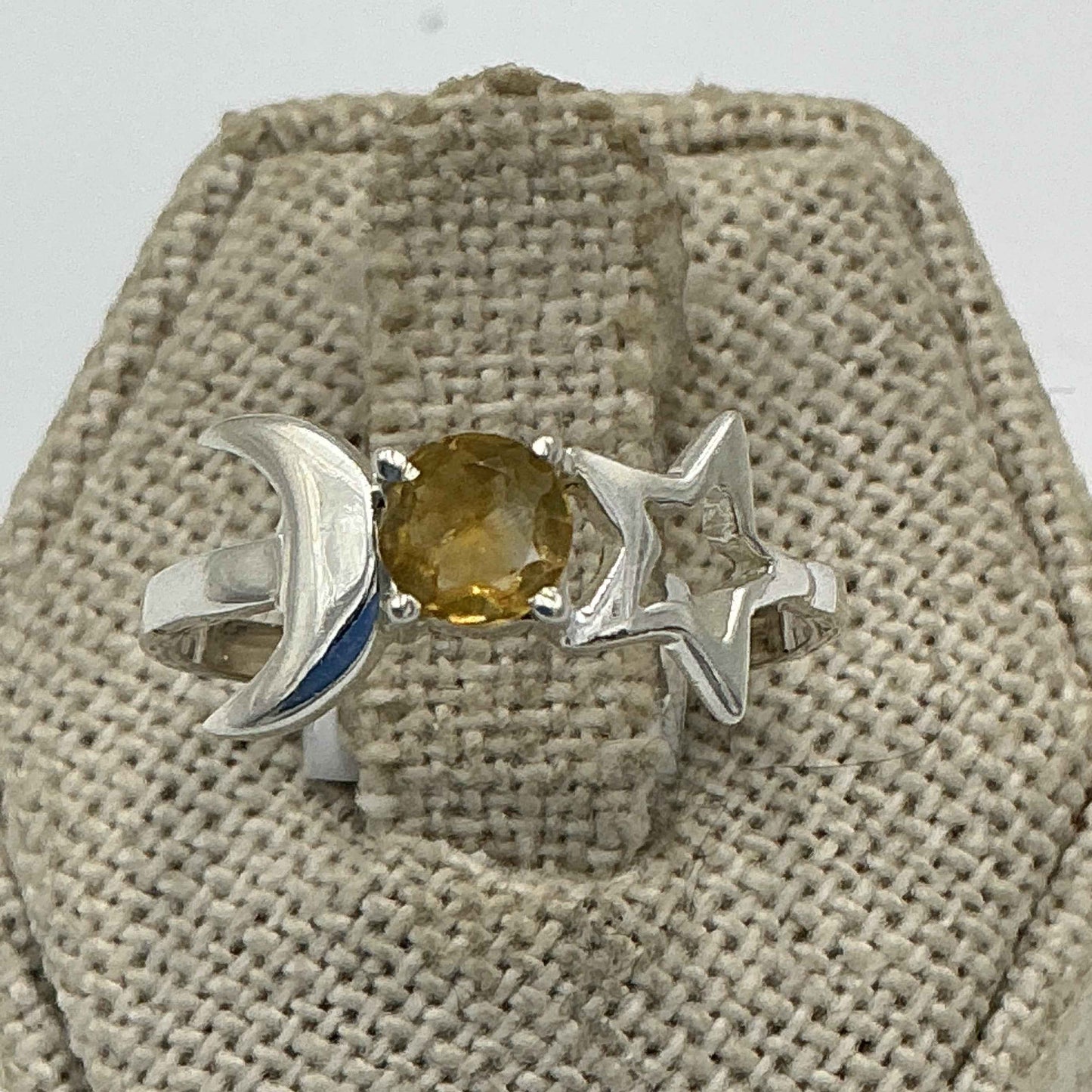 Sterling Silver Round Citrine Crescent Moon Star Ring – Size 8 – Intuition, Abundance & New Beginnings