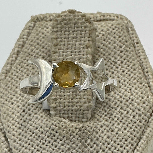 Sterling Silver Round Citrine Crescent Moon Star Ring – Size 8 – Intuition, Abundance & New Beginnings