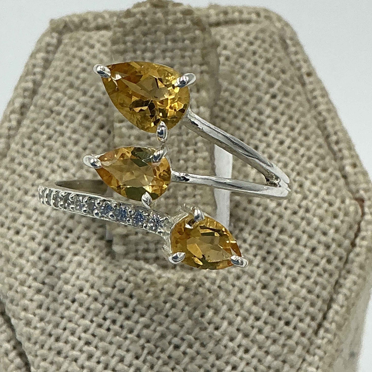 Sterling Silver Pear Citrine Open Wrap Ring – Size 9 – Abundance, Joy & Self-Expression