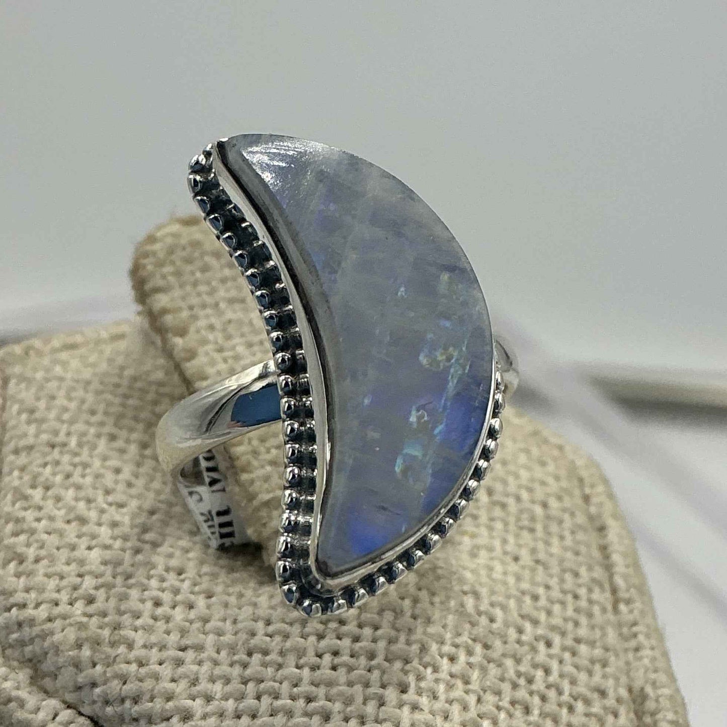 Sterling Silver Rainbow Moonstone Crescent Moon Ring – Size 7 – Intuition, Feminine Energy & New Beginnings