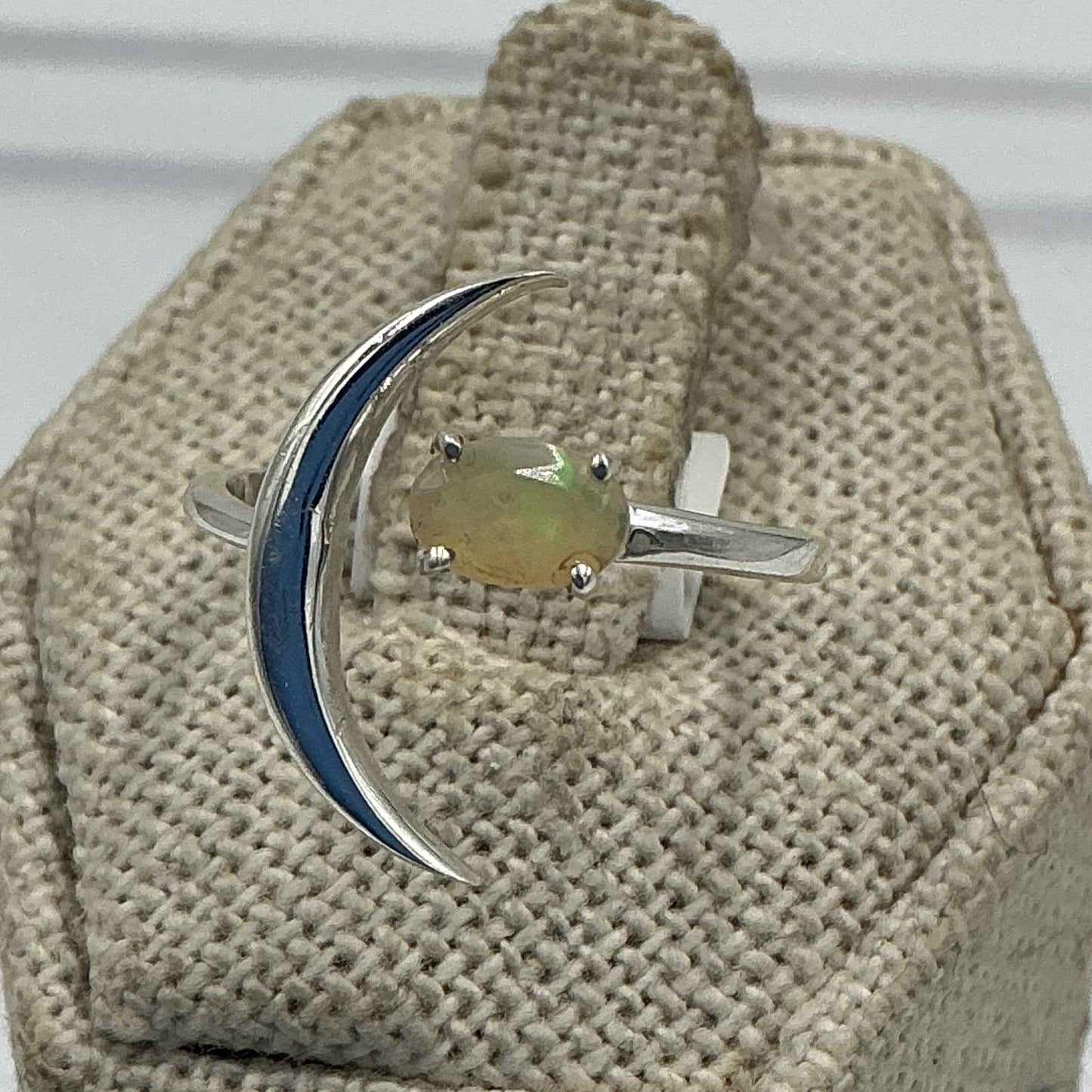 Sterling Silver Crescent Moon Ethiopian Opal Ring - Size 8 - Intuition, Creativity & Inner Light