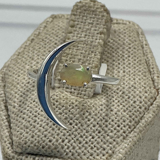 Sterling Silver Crescent Moon Ethiopian Opal Ring - Size 8 - Intuition, Creativity & Inner Light