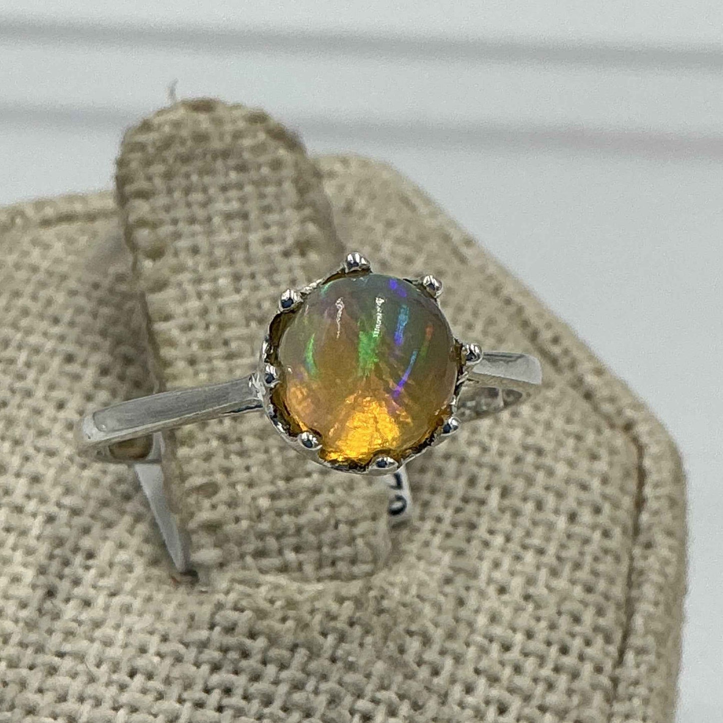 Sterling Silver Crown Set Circle Ethiopian Opal Ring - Size 8 - Intuition, Creativity & Inner Light