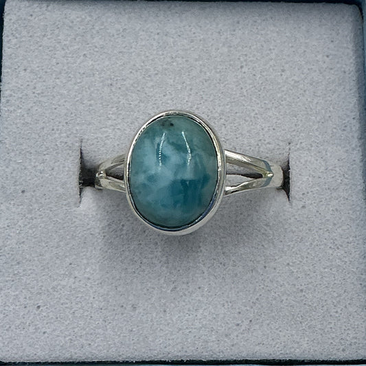 Sterling Silver Larimar Dainty Oval Ring - Size 6 - Calm & Communication