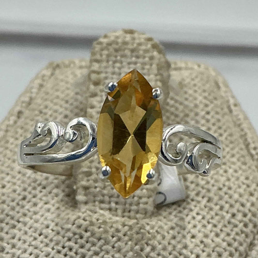 Sterling Silver Marquise Citrine Scroll Band Ring – Size 10 – Abundance, Confidence & Flow