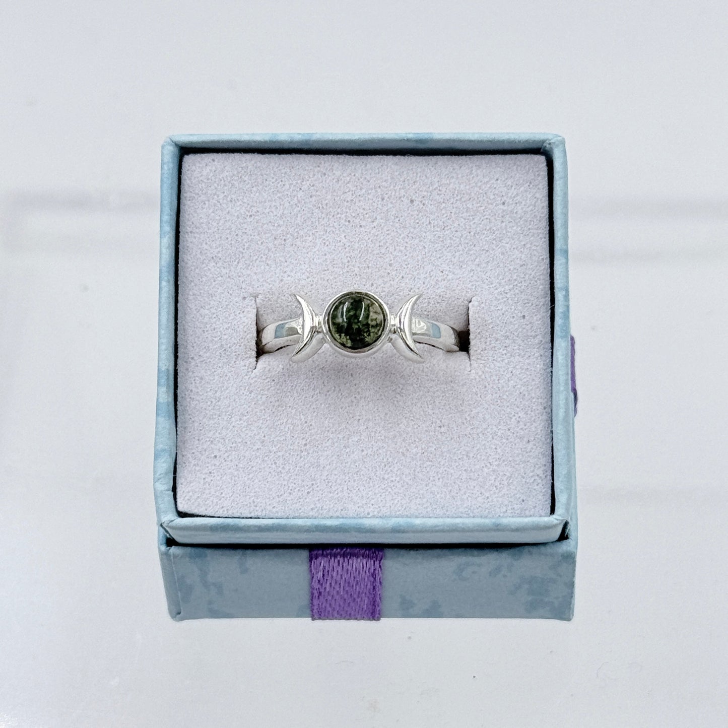 Sterling Silver Double Moon Moss Agate Ring - Size 6 - Grounding, Nurturing & Growth