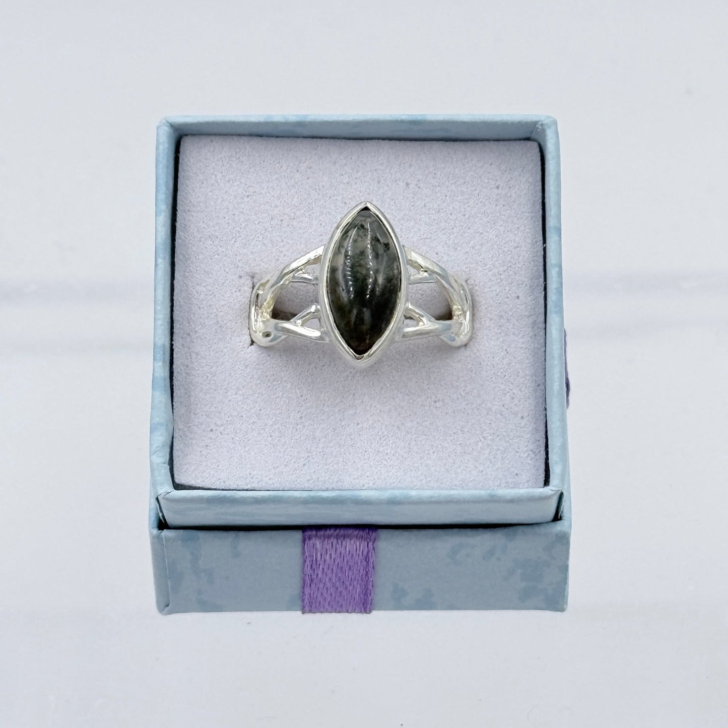Sterling Silver Knot Banded Marquise Moss Agate Ring - Size 7 - Grounding, Nurturing & Growth