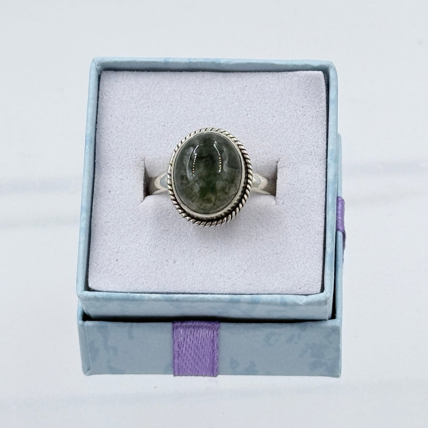 Sterling Silver Rope Lined Oval Moss Agate Ring - Size 8 - Grounding, Nurturing & Growth