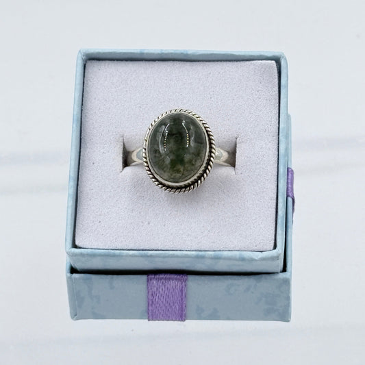 Sterling Silver Rope Lined Oval Moss Agate Ring - Size 8 - Grounding, Nurturing & Growth