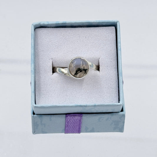 Sterling Silver Split Banded Round Moss Agate Ring - Size 8 - Grounding, Nurturing & Growth