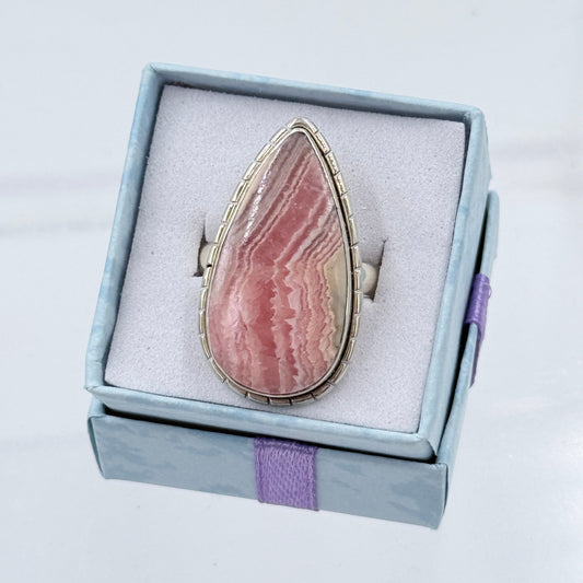 Sterling Silver Lined Teardrop Rhodochrosite Ring - Size 10 - Loving, Compassionate & Healing