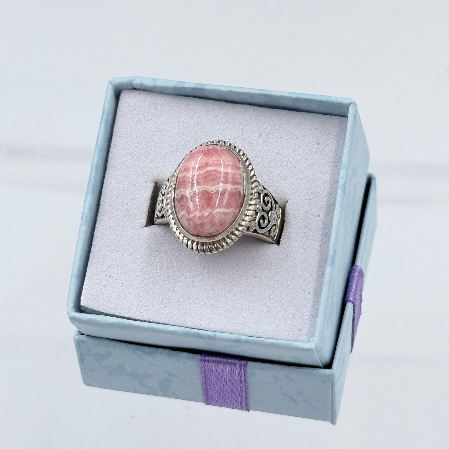 Sterling Silver Filigree Banded Oval Rhodochrosite Ring - Size 6 - Loving, Compassionate & Healing