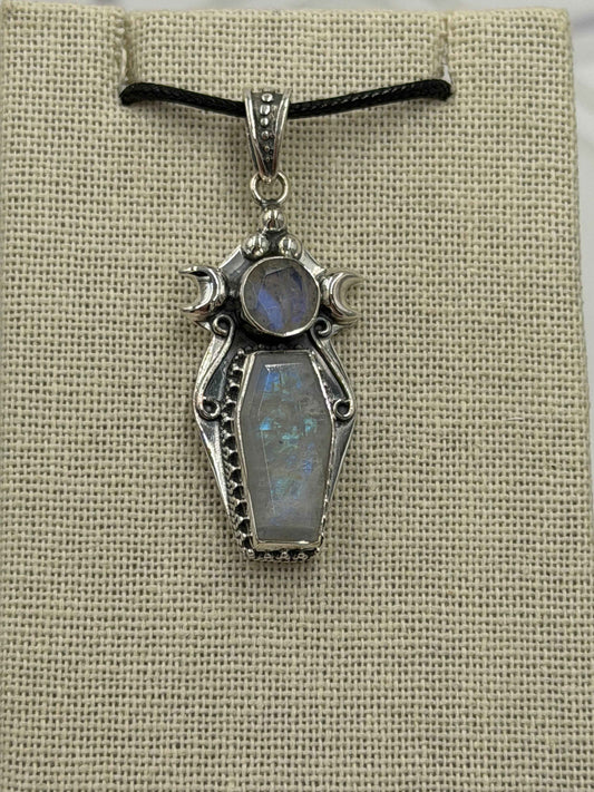 Sterling Silver Triple Moon Coffin Rainbow Moonstone Pendant
