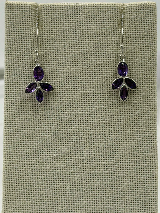 Sterling Silver Leaf Cluster Amethyst Dangle Earrings