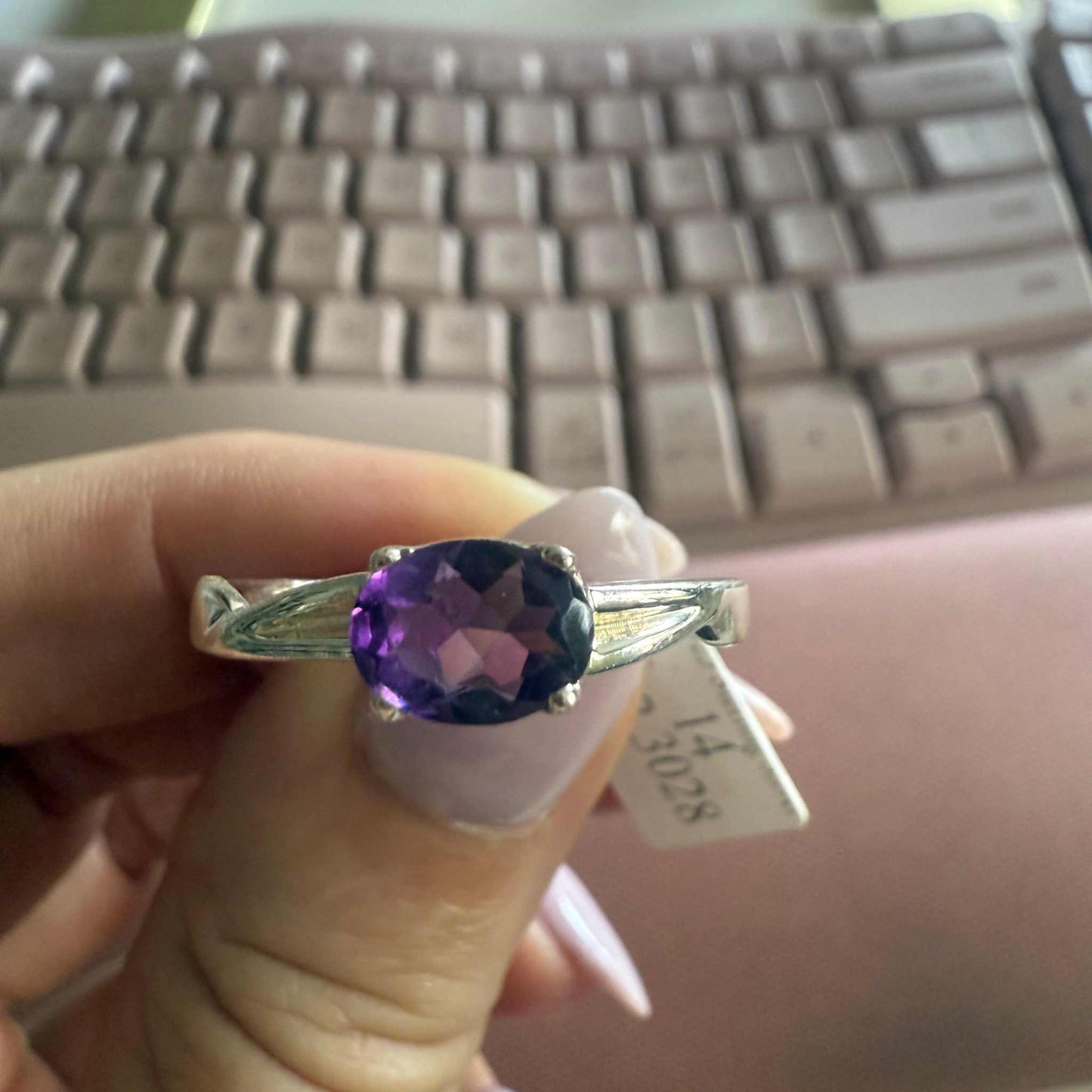 Oval Amethyst Sterling Silver Ring with Engraved Band – Size 14