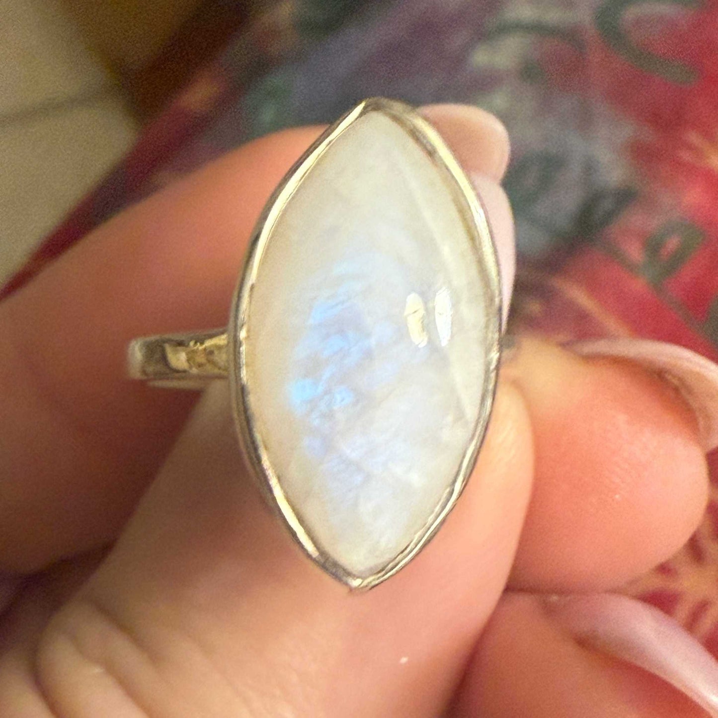Marquise Rainbow Moonstone Ring – Sterling Silver – Size 9