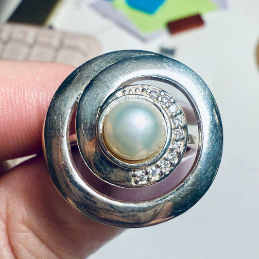 Pearl Spiral Halo Statement Ring – Sterling Silver – Size 6, 7 & 9